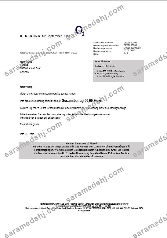 Germany RECHNUNG O2 business utility bill template in Word and PDF formats